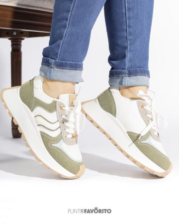 Tennis Blancas con detalles en Verde Musgo y beige